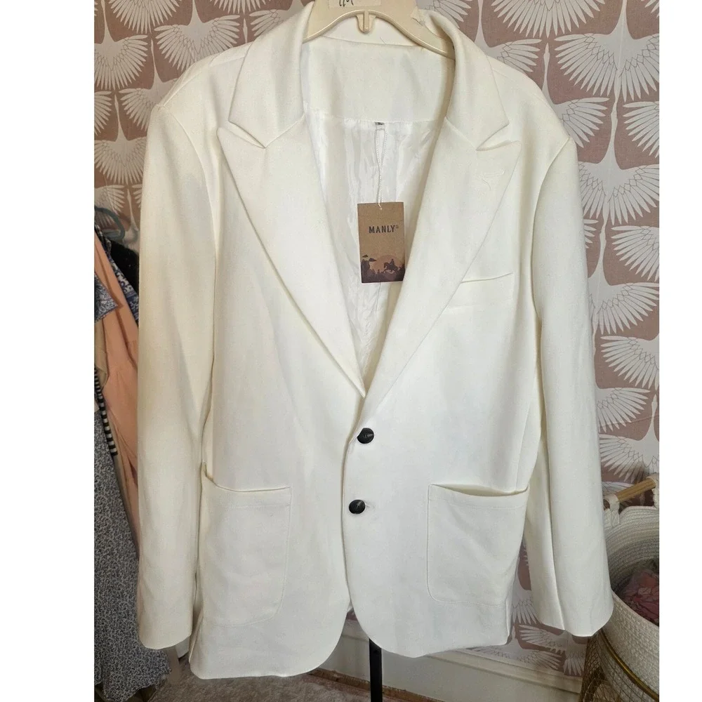 NWT Manly White Dralon Linen Notch Lapel Two Buttons Casual Blazer Sz XL Resort